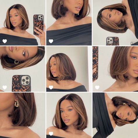 Short Caramel Hair With Highlights, Hairstyles For Corporate Women, Balayage Bob Black Women, Caramel Hair Black Women, Black Girls With Highlights, Chocolate Brown Bob Black Women, Caramel Highlights Bob, Highlighted Bob Black Women, Black Hair With Highlights Black Women