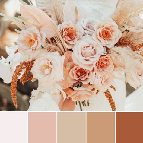 Fall Summer Wedding, Brown And Peach Wedding Theme, Blush Rust Color Palette, Burnt Peach Wedding Theme, Blush And Terracotta Flowers, Coral Western Wedding, Burnt Peach Wedding, Sunset Terracotta Wedding Colors, Boho Wedding Colors Palette Summer