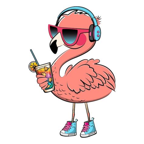 Flamingo With Sunglasses, Sunglasses And Headphones, Cartoon Posters, A Drink, Painted Rocks, Premium Vector, Flamingo, Graphic Resources, Headphones