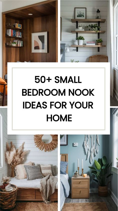 Are you looking to spice up a nook in your small bedroom? We know all about small bedrooms! We’ve lived in several apartments so our bedroom was never the big space you see in magazines! Check out these 50+ Small Bedroom Nook Ideas For your Home. Corner Bedroom Ideas Small Spaces, Corner Bed Nightstand Ideas, Bedroom With Kitchen Small Spaces, Small Nook Decorating Ideas, Small Bedroom Seating Area, What To Put In Corner Of Bedroom, Bedroom Nook Ideas With Window, Small Nook Ideas Bedroom, Small Bedroom Nook Ideas