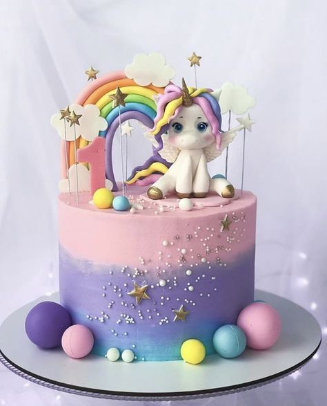 Rainbow Cake Decoration, Unicorn Cake Design, Shopkins Birthday Cake, Easy Unicorn Cake, Unicorn Birthday Party Cake, Rainbow Cake Recipe, Cartoon Birthday Cake, Baby First Birthday Cake, Cinderella Cake