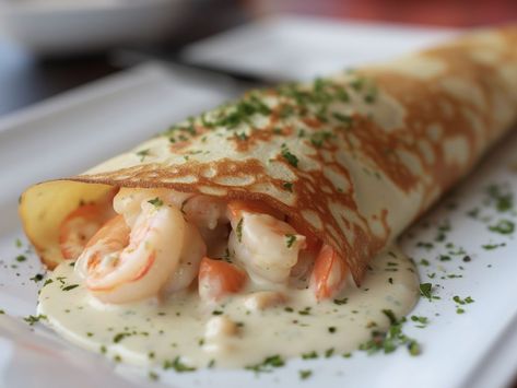 Seafood Crepes Shrimp And Scallop Crepes, Seafood Crepes With Mornay Sauce, Crab Stuffed Crepes, Shrimp Crepes Recipe, Crepe Filling Ideas Savory, Crab Crepes, Christmas Crepes, Shrimp Crepes, Seafood Crepes Recipe