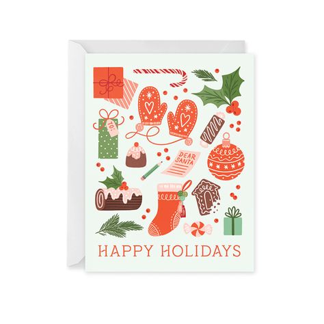 This holiday card features classic holiday icons: mittens, stockings, gifts, sweet treats, and little berries. These are a few of my favorite Holiday Things ;) Blank inside for your sentiments. This card is proudly printed in the USA on 110lb, 100% recycled paper and has a gorgeous feel in-hand.A2 Card measures 4.25" x 5.5" closed. Comes with fitted, matching white envelope(s) for easy sending. Holiday Card Illustration, Illustrated Christmas Cards, Holiday Icons, Christmas Card Illustration, Hello Holiday, Holiday Cards Handmade, Holiday 2024, Paint Water, Holiday Icon