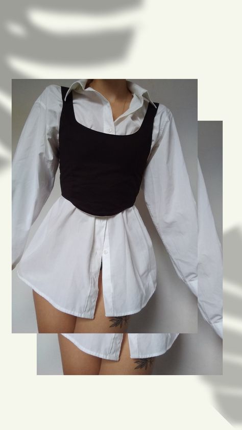 Oversized White Shirt With Corset, Black Corset On White Shirt, Long Sleeve Shirt With Corset, Oversized Shirt With Corset Outfit, Corset Top Over White Button Up, Corsets Over Shirts, Corset Top With White Shirt, Denim Corset With White Shirt, White Button Up With Black Corset