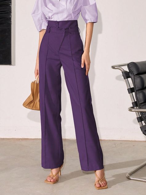 Ladies" Straight-Leg High-Waisted Suit Pants With Pleated Design Purple Casual   Fabric Plain Straight Leg Non-Stretch All Women Clothing, size features are:Bust: ,Length: ,Sleeve Length: Dark Purple Pants Outfit Aesthetic, Purple Pants Work Outfit, Plum Trousers Outfit, Purple Suits Women, Ladies Pants Design, Colorful Corporate Outfit, Deep Purple Outfit, Purple Trousers Outfit, Purple Monochrome Outfit