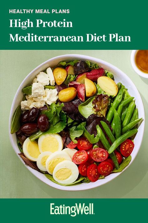 Here, we’ve combined a high protein diet plan with a Mediterranean diet plan to create a healthy meal plan that can aid you in losing weight. The principles of the Mediterranean diet emphasize that good-for-you protein we're talking about—think more fish, beans, soy, lean chicken and turkey and less red meat and processed deli meats.#highproteinmealplan #mediterraneanmealplan #mediterraneandiet #mediterraneandietmealplan Macros For Mediterranean Diet, Mediterranean Diet Bodybuilding, Mediterranean Diet High Protein, High Protein Mediterranean Diet, Optavia 3&3 Sample Meal Plan, High Fiber Meal Plan, High Protein Diet Plan, Mediterranean Desserts, High Protein Vegetables