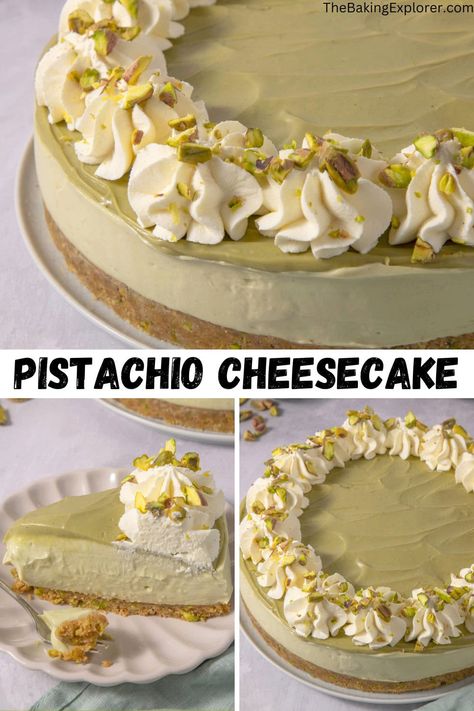 Recipe for Pistachio Cheesecake - a no bake cheesecake made with pistachio cream spread (pistachio butter) and pistachios #thebakingexplorer #nobakecheesecake #pistachio #pistachiocream #pistachiobutter Pistachio Cheesecake No Bake, Pistachio Sweets, No Bake Pistachio Cheesecake, Pistachio Cream Recipe, Cheesecake Recipes No Bake, Pistachio Cheesecake Recipe, Pistachio Recipes Desserts, No Bake Cheesecake Recipes, Sunday Cooking