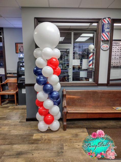 A balloon column to celebrate 13 years of business in Wooster, Ohio! Congratulations Helms! Barber Advertising Ideas, Barbershop Grand Opening Ideas, Barberia Ideas, White And Blue Balloons, Airplane Birthday Party Decorations, Beauty Shop Decor, Christmas Parade Floats, Wooster Ohio, Christmas Balloon Decorations