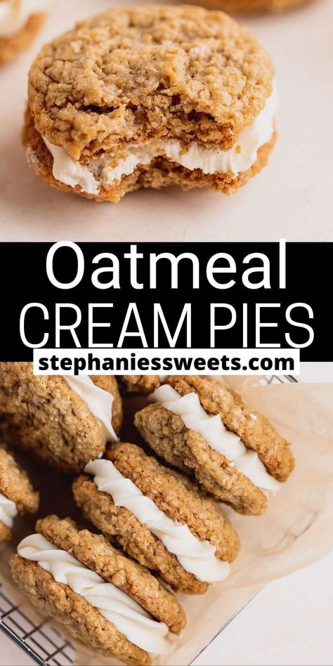 These oatmeal cream pies are just like the Little Debbie's versions but BETTER. They are soft oatmeal cookies loaded with cinnamon and pumpkin pie spice. It is filled with a marshmallow fluff frosting. They are soft cookies that are super good. These would be a perfect alternative for kids' lunches! Fluff Frosting, Cake Me Home Tonight, Oatmeal Cinnamon, Oatmeal Pie, Oatmeal Creme Pie, Prep Food, Oatmeal Cream Pies, Vanilla Filling, Homemade Oatmeal