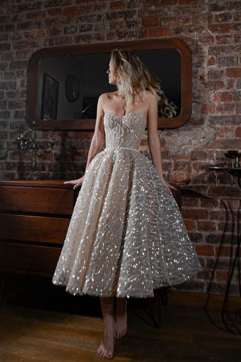 Sleeveless strapless evening dress
Sparkly sequins midi length formal gown 
Sweetheart neckline shimmery nude color bridesmaids dress Sequin Wedding Dress, Diamond Belt, Short White Dress Wedding, Wedding Evening Dress, Shiny Dress, Knee Length Wedding Dress, Princess Bridal Gown, Beach Wedding Gown, White Bridal Dresses