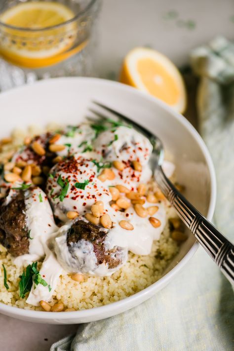 Kofte bowl with warm spiced yogurt sauce, a comforting dinner with Middle Eastern lamb and beef meatballs, steamed couscous and warm savory yogurt.  Mmmmmm! #easy #recipe #dinner #meatballs #groundlamb #groundbeef #lamb #healthy #couscous #yogurt #aleppopepper #sumac #bowl #middleeastern #kofte #kofta #turkish #meat Lamb Bowl, Middle Eastern Lamb, Lamb Meatballs, Yogurt Sauce, Yogurt Recipes, Middle Eastern Recipes, Meat Dishes, Diner, Clean Eating