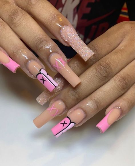 Kaws Nail Ideas, Kaws Acrylic Nails, Kaws Nails, Pink Kaws, Muse Quotes, Nail Ideas Pink, Cute Pink Nails, Long Acrylic Nail Designs, Aesthetic Nails