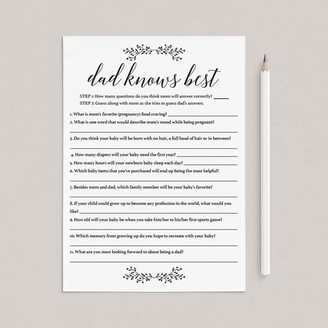 Are you hosting a couples baby shower? Play this funny game to bring the dad-to-be into the mix. It will be entertaining for all of your guests!Before the baby shower, contact the dad-to-be and ask him questions about the pregnancy, birth, and baby listed on this minimalist black and white game. The questions can be personalized. Write down the answers, or, to make it even more fun, consider a short video of the answer.At the baby shower, give everyone a pen and a game card and let them guess ho Daddy Knows Best Baby Shower Game, Co Ed Baby Shower Ideas Games, What Did Dad Say Baby Shower Game, Sentimental Baby Shower Activities, Mom Or Dad Baby Shower Game, Baby Shower For Dads, Mommy Or Daddy Baby Shower Game, Dad Baby Shower Ideas, Dad Baby Shower Games