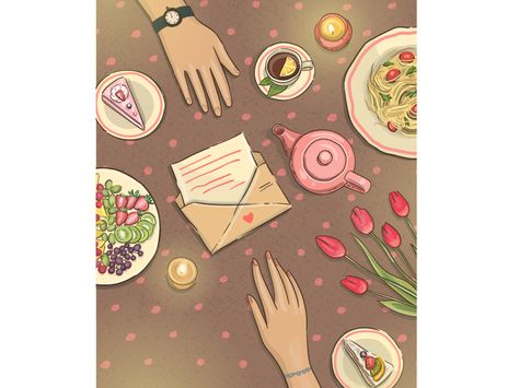 Romantic Dinner Illustration, Couples Dinner, Shorts Ideas, Pasta Cake, Food Illustration Design, Watercolor Love, Cake Illustration, Food Drawings, Wedding Logo