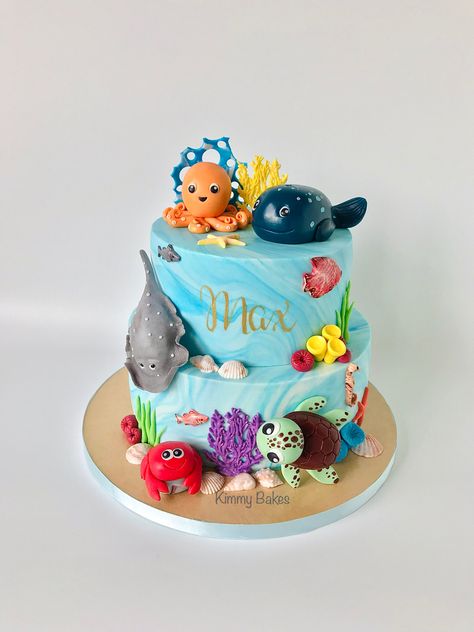 2 Tier Under the Sea birthday cake with handmade fondant sea animals toppers Sea Animal Cake Ocean Themes, Sea Animal Birthday Cake, Birthday Cake Under The Sea, Under The Sea Birthday Cake Boy, Sea Animal Cake, Sea Birthday Cake, Under The Sea Cake Boy, Sea Animals Cake, Ocean Theme Birthday Cake