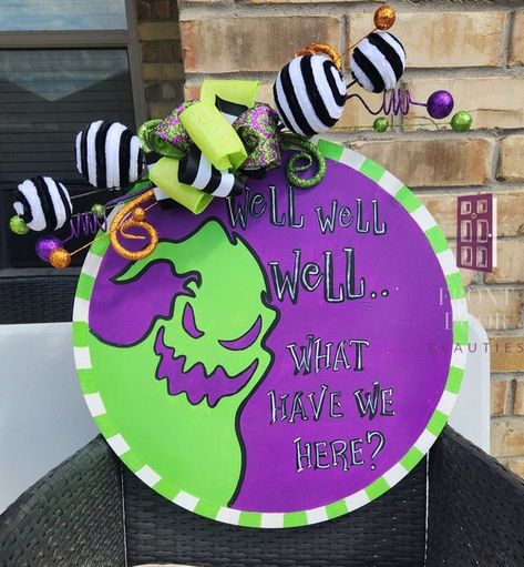 Oogie Boogie Door Hanger, Beetlejuice Door Hanger, Beetlejuice Door, Wreath Hanger, Halloween 2, Oogie Boogie, Sign Ideas, Diy Signs, Beetlejuice