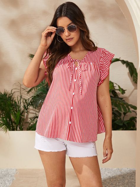 Red and White Boho Collar Cap Sleeve Polyester Striped Shirt Embellished Non-Stretch  Maternity Maternity Blouses, Shein Maternity, Maternity Blouse, Flounce Sleeve, Vertical Stripes, Maternity Tops, White Casual, Maternity Fashion, Shop Blouses