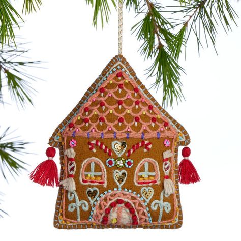 Wool Embroidered Gingerbread House Ornament by World Market Gingerbread House Christmas Ornaments, Embroidered Gingerbread House, Felt Gingerbread House Ornament, Gingerbread House Embroidery, Christmas Ornaments Aesthetic, Vintage Felt Christmas Ornaments, Felt Gingerbread House, Gingerbread House Ornaments, Rustic Christmas Crafts