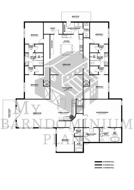 The Amery Barndo Plan (AM0246-A) - Barndominium.org 6 Bedroom Barndominium Floor Plans, 6 Bedroom Barndominium, Secondary Kitchen, Generational Living, Barn Dominium, Dream Building, 6 Bedroom House Plans, Barndominium House, House Checklist