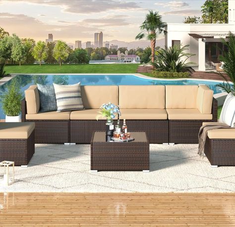 AECOJOY 7 Piece Outdoor Patio Furniture Set, Outdoor Sectional Conversation Furniture Chair with Coffee Table,Patio Sectional for Garden,Backyard(Khaki Cushions and Brown PE Rattan) Wicker Outdoor Sectional, Outdoor Sectional Furniture, Sectional Patio Furniture, Wicker Coffee Table, Sectional Furniture, Outdoor Patio Furniture Sets, Wicker Sofa, Sectional Sofa Couch, Woven Rattan