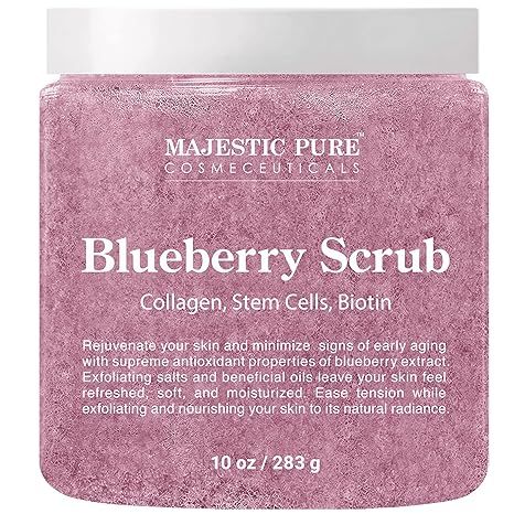 MAJESTIC PURE Blueberry Body Scrub, with Collagen, Stem Cell & Biotin - Exfoliating Body Scrub to Exfoliate, Smooth & Moisturize Skin - Deep Cleansing & Hydrating, Skin Care for Men and Women - 10 oz Rose Scrub, Skin Care For Men, Hydrating Skin Care, Blueberry Extract, Pure Salt, Hydrating Skin, Pore Cleanser, Exfoliating Body Scrub, Hydrated Skin