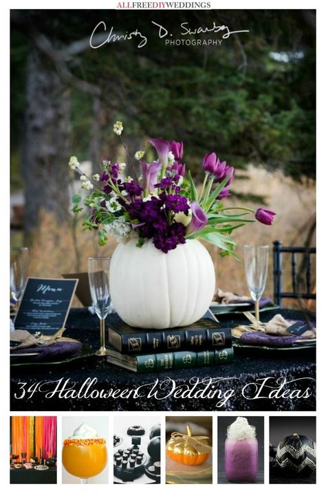 34 Halloween Wedding Ideas - these are GORGEOUS. I never thought Halloween could be pretty! Pumpkin Wedding, Halloween Themed Wedding, Dark Wedding, Theme Halloween, Gothic Wedding, October Wedding, Halloween Wedding, White Pumpkins, Purple Wedding