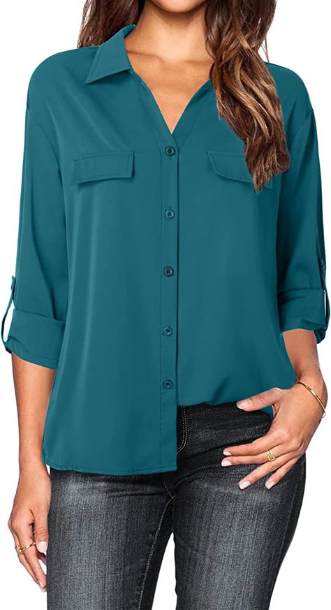 Lotusmile Womens Button up Shirts 3/4 Sleeve, Woman Formal Professional Button Down Blouse Summer Casual Work Tops for Juniors Relaxed Fit Chiffon Shirts Dressy Collared Blouses for Leggings at Amazon Women’s Clothing store Chiffon Shirts For Women Style, Chiffon Shirt Outfit, Casual Chiffon Blouse, Office Business Casual, Business Casual Top, Chiffon Tops Blouses, Hot Blouse, Checked Blouse, Womens Tops Dressy