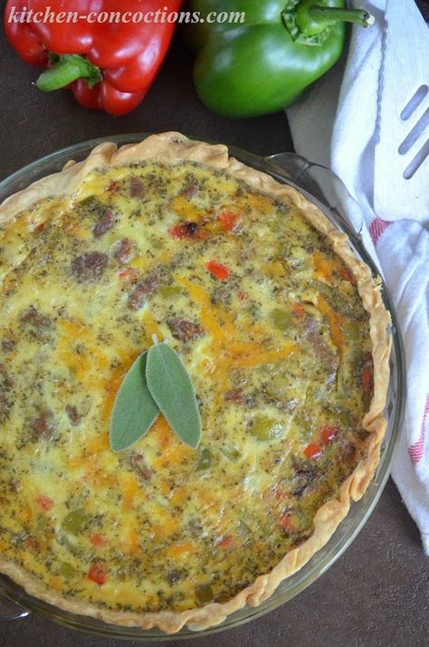 Kitchen Concoctions: Sausage and Pepper Quiche Sausage Pepper Quiche, Sausage And Green Chili Quiche, Sausage And Kale Quiche, Sausage And Grits Quiche Southern Living, Spinach Sausage Quiche Crustless, Sausage Quiche Recipes, Brunch Casserole Recipes, Onion Quiche, Sausage Peppers And Onions