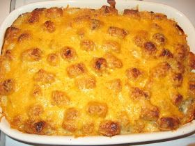 Duggar Tater Tot Casserole, Duggar Recipes, Potluck Favorites, Loaded Tater Tots, Freeze Ahead Meals, Tater Tot Recipes, Tater Tot Casserole Recipes, Large Family Meals, Tot Casserole