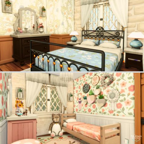 Sims 4 Cottage Living House Interior, Sims 4 Living Room Ideas Cottage, Cottagecore Bedroom Sims 4, Sims 4 Cc Cottagecore Bedroom, Sims Cottage Living Room, Sims Cottage Interior, Cottage Bedroom Sims 4, Cozy Bedroom Sims 4, Cottage Living Room Sims 4