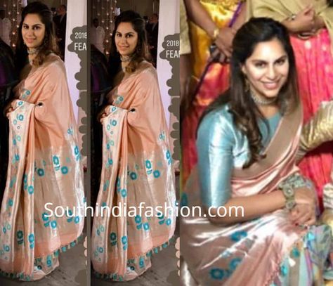 Upasana Konidela, Peach Color Saree, Silk Saree Blouse Designs Patterns, Drape Sarees, Banaras Sarees, Peach Saree, Half Saree Lehenga, Indian Sari Dress, Boat Neck Blouse