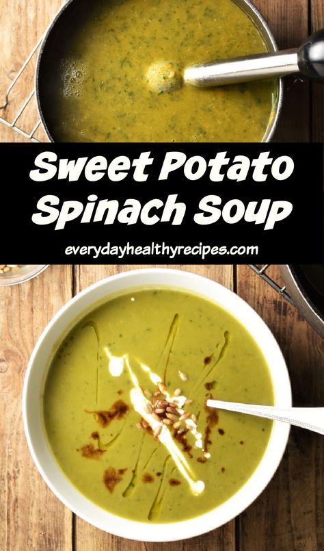 Pureeing soup in pot and spinach sweet potato soup in white bowl with nuts and cream. Vegan Roasted Sweet Potato, Potato Spinach Soup, Roasted Sweet Potato Soup, Soup With Spinach, Spinach Soup Recipe, Potato Spinach, Garlic Soup, Sweet Potato Spinach, Roasted Sweet Potato