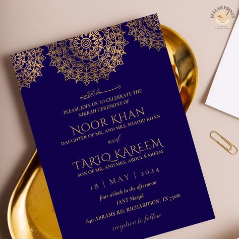 5x7 in. navy and gold islamic wedding invitation template, editable islamic invitation template, traditional islamic invitation card, digital template, editable template, shaadi invitation, shaadi evite, blue and gold shaadi invitation, traditional shaadi invitation, islamic wedding evite, baraat invite, indian wedding invite, pakistani wedding invite Islamic Invitation Card, Shaadi Invitation, Nikkah Invite, Pakistani Wedding Invitations, Islamic Invitation, Wedding Evite, Wedding Evites, Gold Mandala, Islamic Wedding