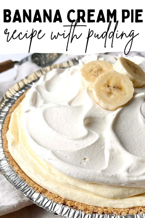 This easy no bake banana pudding pie with vanilla pudding is creamy, fluffy, and full of banana flavor! Each bite is decadent and smooth and will fill you with joy! Save this recipe for later! Banana Cool Whip Pie, Banana Pudding Pie Nilla Wafer, No Bake Banana Pudding Pie, Banana Pudding Cool Whip Recipe, Banana Cream Pie With Vanilla Pudding, Banana Cream Pie Recipe With Pudding And Cool Whip, Desserts With Vanilla Pudding Mix Easy Recipes, Cook And Serve Vanilla Pudding Recipes, Cream Pie Recipes No Bake