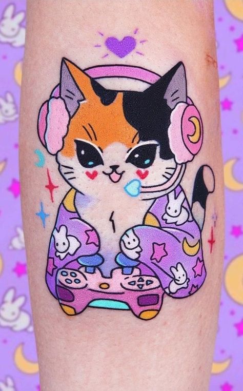 Full Body Cat Tattoo, Kawaii Tattoo Sleeve, Kawaii Tattoo Ideas, Kawaii Tattoos, Kitten Tattoo, Cat Tattoo Ideas, Emo Tattoos, Gamer Tattoos, Bright Tattoos