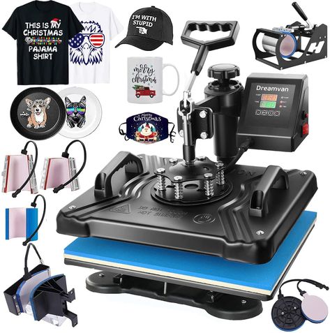 PRICES MAY VARY. 🧢【8 IN 1 HEAT PRESS & DIGITAL CONTROL】- Large screen display, silicone button, easy to operate with counting function; 3 modes are free to switch; upgraded heat press is more convenient to operate.Intelligent temperature control is more stable, fast printing, high-quality design is more durable, rotating hot stamping is smooth,the large space is suitable for clothes of various materials 🧢【FAST HEATTING & DOUBLE TUBE】- The heat transfer machine heating more and can make the pri T Shirt Press, Plates Diy, Heat Press Transfers, Mug Press, Digital Printer, Canned Heat, Heat Press Machine, Press Machine, Printing Machine