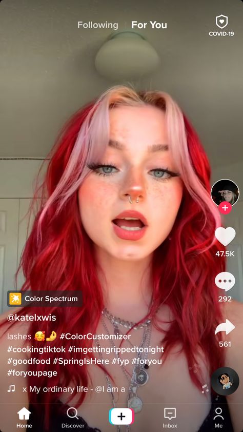 Hair Color Ideas Tiktok, Red And Pink Halo Hair, Bright Red Hair With Money Piece, Strawberry Pink Hair Color, Red Hair With Pink Front Pieces, Red And White Hair Aesthetic, Blonde And Magenta Hair, Fun Fashion Color Hair, Red With Pink Hair