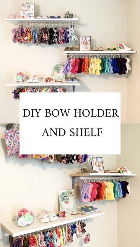 DIY bow shelf, diy bow holder, diy bow holder and shelves, diy bow organizer, bow organize, bow holder, bow storage ideas, bow storage inspo Hair Bow Headband Holder, Organize Bows And Headbands, How To Organize Bows And Headbands, Diy Bow And Headband Holder, Bow And Headband Storage, Headband And Bow Organizer, Bow Hanging Ideas, Baby Hair Bow Organizer, Diy Bow Holder Headband Storage