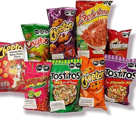 Mexico Snacks, Mexican Candy Basket, Mexican Snacks To Sell, Mexican Chips In A Bag, Mexico Candy, Mexican Chips, Cheetos Flavors, Mexican Toys, Burr Basket