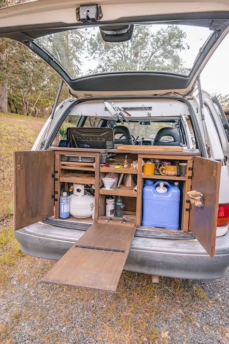 vanlife kitchen essentials, Toyota Previa van conversion, arboursabroad, vantrails Toyota Previa Camper, Vanlife Kitchen, Bongo Camper, Minivan Camper, Bathroom Outside, Minivan Camper Conversion, Hiking Ideas, Minivan Camping, Rv Car