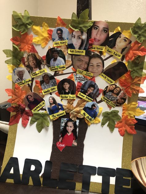 🍂 Made a family tree using white posterboard, artificial fall leaves found at Dollar Tree, construction paper, and black poster letters. 🍂 Pre K Family Tree Project, Tree Construction Paper, Name Tree Construction Paper, Family Tree Daycare Bulletin Boards, Fall Family Tree, Tree With Initials, Costa Leona Family Tree, Family Tree Ideas, Make A Family Tree