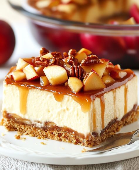 Creamy Caramel-Drizzled Apple Cheesecake - recipesbyava.com Carmel Apple Pie Cheesecake Recipe, Caramel Apple Cheesecake Pie, No Bake Caramel Apple Cheesecake, Apple Pie Cheesecake Recipe, Apple Cheesecake Pie, Caramel Apple Cheesecake Recipes, Green Bean Salad Recipes, Apple Pie Cheesecake, Caramel Apple Cheesecake