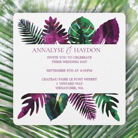 $2.56 | Tropical Leaves Green, Wild Berry Pink Wedding | Wedding Invitations | monstera ferns island leaf leafy, beach wedding coastal nautical hawaii, hawaiian plants botanical natural rustic, bold vivid vibrant artwork tropics, abstract painting paint garden fresh, outdoor summer spring fall season, hunter green forest green nature, wild berry pink tropical green, violet purple pink magenta maroon, plum pink berry wine foliage Hawaiian Plants, Wedding Coastal, Pink Berry, Pink Tropical, Tropical Green, Pink Wedding Invitations, Vibrant Artwork, Outdoor Summer, Green Forest