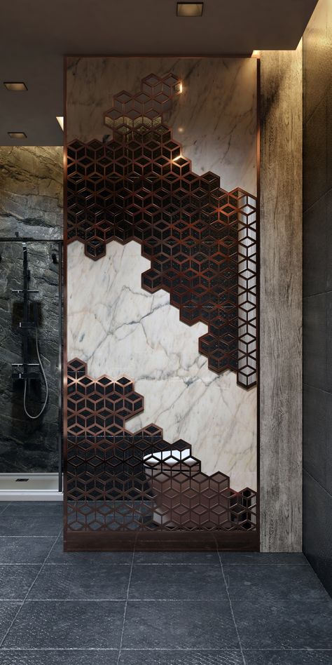 Marble Partition Wall, Wire Door Design, Marble Partition Design, Interior Design Copper, Marble Jali Design, Modern Office Bathroom Design, Wall Ornaments Decor, Room Partition Designs Wall Dividers, Partition In Bathroom