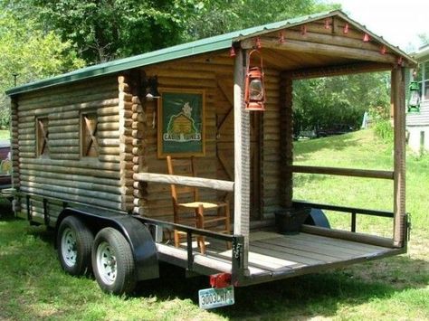 log cabin rv 17 Log Cabin Trailer Home, Cabin On Trailer, Cabin Trailer, Traveling Boutique, Cabin On Wheels, Cabin Porches, Homemade Camper, Tiny House Camper, Small Log Cabin