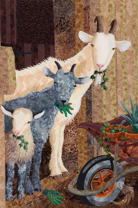 Three Goats and a Wheelbarrow | Kestrel Michaud Farm Quilt Patterns, Goat Ideas, Goat Paintings, Farmhouse Paintings, Goats And Sheep, Collage Quilts, Goat Art, Wheelbarrows, Sheep Art