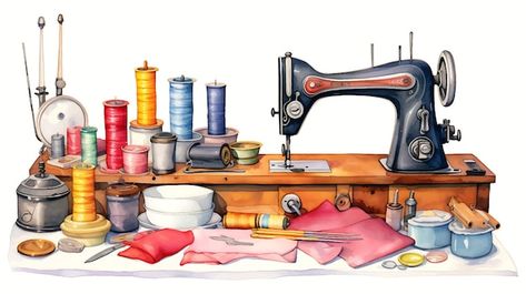 Watercolor fashion sewing illustration c... | Premium Vector #Freepik #vector #sewing #tailor #sewing-machine #needlework Sewing Machine Drawing, Retro Watercolor, Let's Make Art, Sewing Machine Thread, Logo Sewing, Old Sewing Machines, Watercolor Fashion, Modern Card, Vintage Sewing Machine