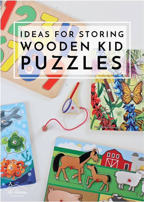 Kids' puzzles can often be bulky and unruly. Check out these smart ideas for organizing wooden kid puzzles! How To Organize Wooden Puzzles, How To Store Wooden Puzzles, Peg Puzzle Storage, Playroom Puzzle Storage, Puzzle Storage Ideas Organizing, Puzzle Organization Ideas, How To Organize Puzzles, Kids Puzzle Storage Ideas, Diy Puzzle Storage