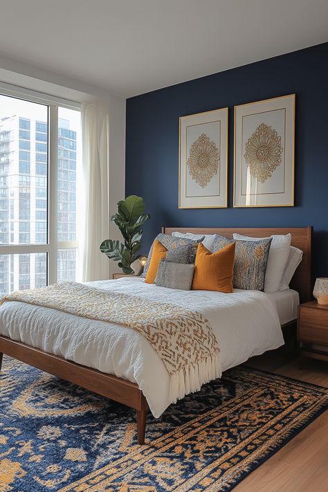 Create a navy blue and gold bedroom aesthetic that oozes sophistication and luxury. Explore deep navy walls, gold accent furniture, and metallic bedding. Discover navy velvet headboards, gold-framed mirrors, and brass light fixtures. Find inspiration for navy and gold throw pillows, gold geometric wall art, and plush navy carpets. It's the perfect blend of richness and glamour! Bedrooms With Navy Bedding, Bedroom With Navy Blue Accents, Blue And Gold Bedroom Aesthetic, Blue Adult Bedroom, Navy Blue Gold Bedroom, Blue And Rust Bedroom, Navy And Green Bedroom, Navy Blue And Yellow Bedroom, Navy And Yellow Bedroom