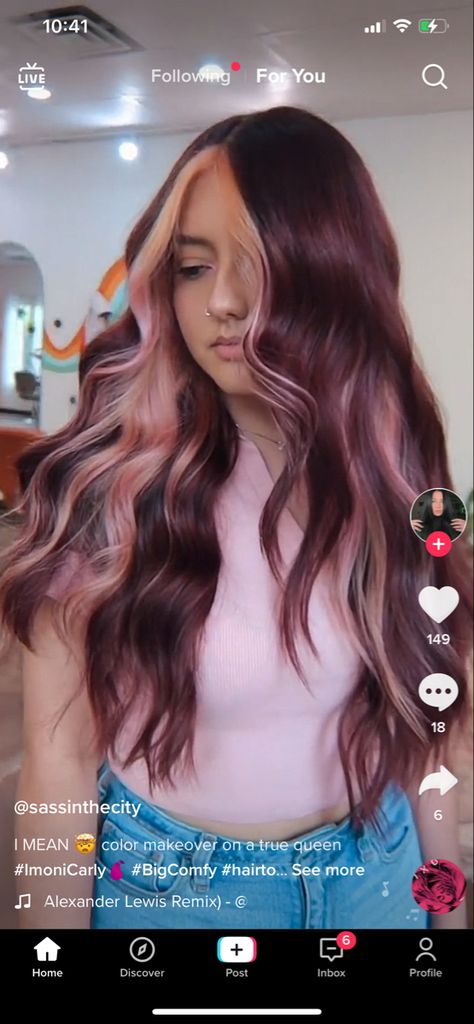 Burgundy With Pink Money Piece, Cherry Cola Hair With Money Piece, Dark Red Hair With Pink Money Piece, Wine Red Hair With Pink Money Pieces, Magenta Hair Money Pieces, Burgandy Hair With Pink Money Piece, Halo Hair Dye Style, Purple Burgundy Hair, Halo Hair Color